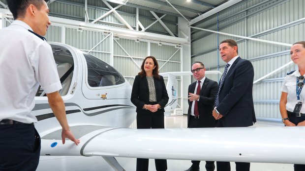 Alan Joyce visited Qantas’ new pilot school at Toowoomba with Queensland Premier Annastacia Palaszczuk and State Development Minister Cameron Dick.