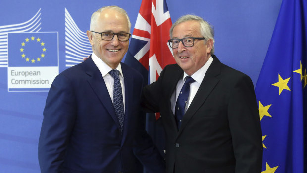 European Commission President Jean-Claude Juncker welcoming  Malcolm Turnbull at EU headquarters last month.