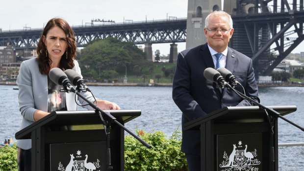 New Zealand Prime Minister Jacinda Ardern and Australian Prime Minister Scott Morrison speak at Admiralty House. 