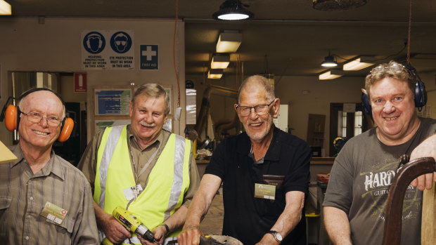 Parramatta District Men's Shed. members LtoR Robert McKenzie, Paul Madsen, Ian Robinson and Don Cunningham. 