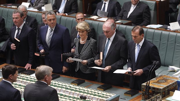Christopher Pyne, Joe Hockey, Julie Bishop, Warren Truss and Tony Abbott are sworn-in after the Coalition's 2013 election win. Pyne is the only one left on the frontbench.