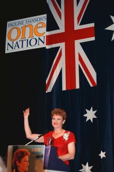 Pauline Hanson greets her supporters at Ipswich Civic Hall.