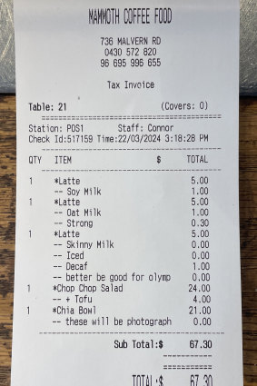 Receipt from Marnie Vinall’s lunch with Jakara Anthony at Mammoth Cafe, Armadale