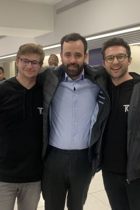 TG co-founder Ben Guerin, 24, Conservative campaign director Isaac Levido, 35, and TG co-founder Sean Topham, 28, celebrate at Boris Johnson's victory rally.