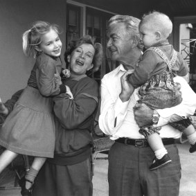 Prime Minister Bob Hawke, with his wife Hazel, and grandchildren Sophie, 5, and Ben, 14 months, at Kirribilli House, Sydney, in 1990.
