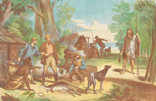 An 1869 wood engraving depicting William Buckley, right, approaching the Indented Head camp in 1835.
