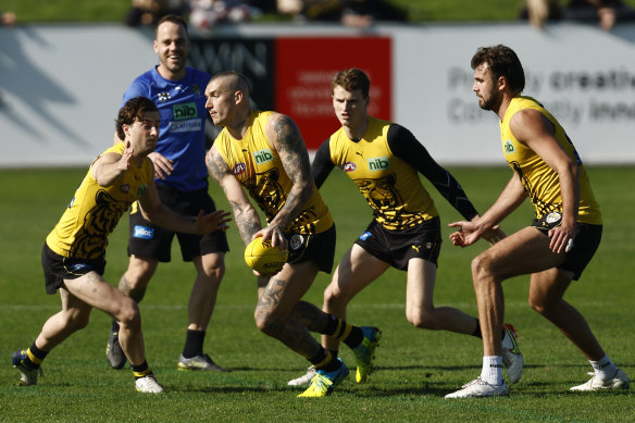 Tigers champion Dustin Martin was in the thick of the action at Richmond training on Saturday.