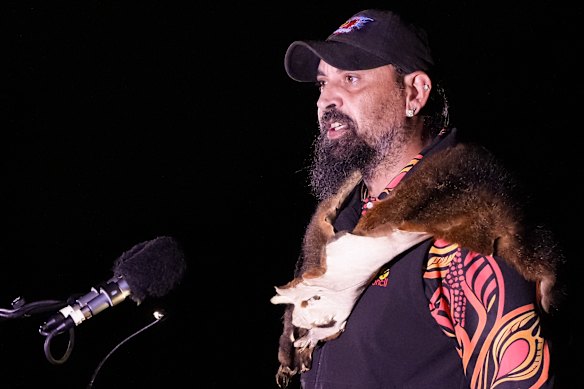Bunurong elder Uncle Mark Brown delivers the Welcome to Country at the Anzac Day dawn service at the Shrine of Remembrance in Melbourne.
