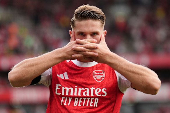Arsenal’s Viktor Gyokeres celebrates after scoring.