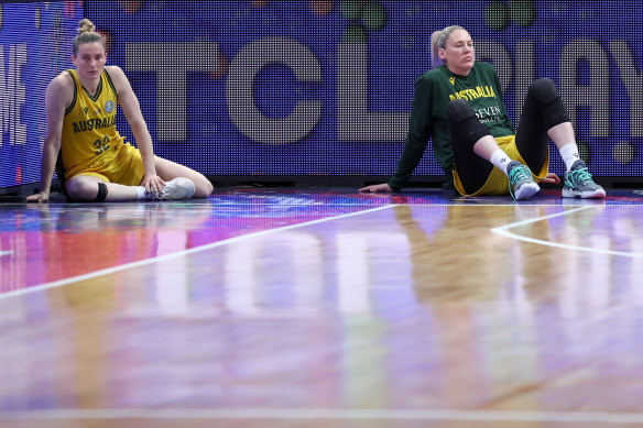 Samantha Whitcomb and Lauren Jackson after the Opals lost to China on Friday night.