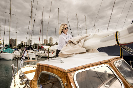 Anne Lawrence on the 70-year-old boat Solveig in a classics regatta at the CYC on Saturday.