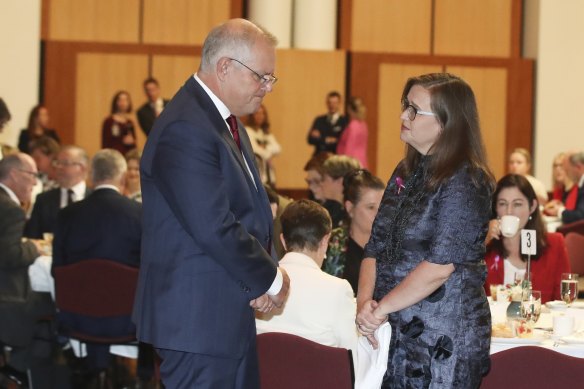 Prime Minister Scott Morrison speaks with Sex Discrimination Commissioner Kate Jenkins.