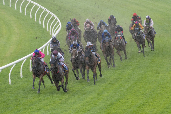 The field rounds the home turn in race one at the Gold Coast on Saturday.