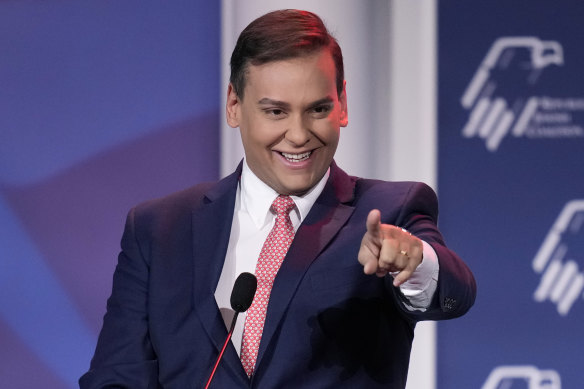 Representative-elect George Santos speaks at an annual leadership meeting of the Republican Jewish Coalition in November. 