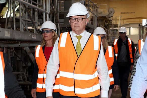 Prime Minister Anthony Albanese during a visit to the Boyer paper mill.