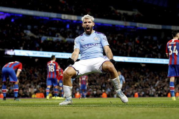 Manchester City's Sergio Aguero celebrates scoring his side's second goal against Crystal Palace at the Etihad Stadium on Saturday.