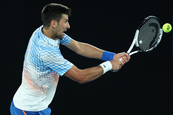 Djokovic’s double-handed backhand wins him a crucial point. 