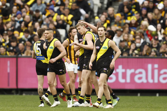 Richmond players celebrate after one of Tom Lynch’s bag of  goals.
