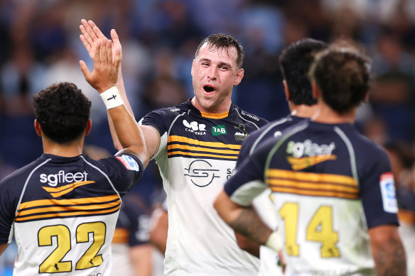 Nick Frost celebrates the Brumbies’ opening round victory over the Waratahs this season.