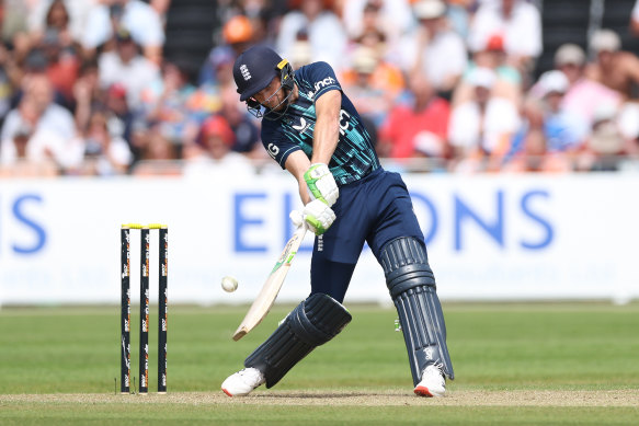 Jos Buttler belts the ball to the boundary against the Netherlands.