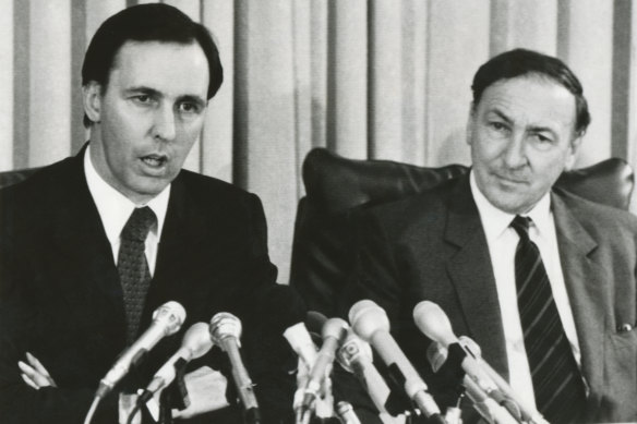 The Treasurer Mr. Paul Keating and the Chairman of the Reserve Bank Mr. R.A. Johnston give a Press Conference at Parliament House on the suspension of foreign exchange.