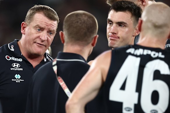 Carlton coach Michael Voss gets heated during the loss.