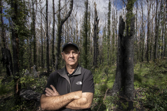 Bill Eger, a volunteer firefighter revisits NSW South Coast forests near Manyana now beginning to recover after last summer's massive fires.