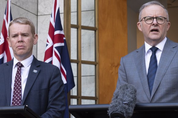New Zealand Prime Minister Chris Hipkins and Prime Minister Anthony Albanese at Parliament House in Canberra in February.
