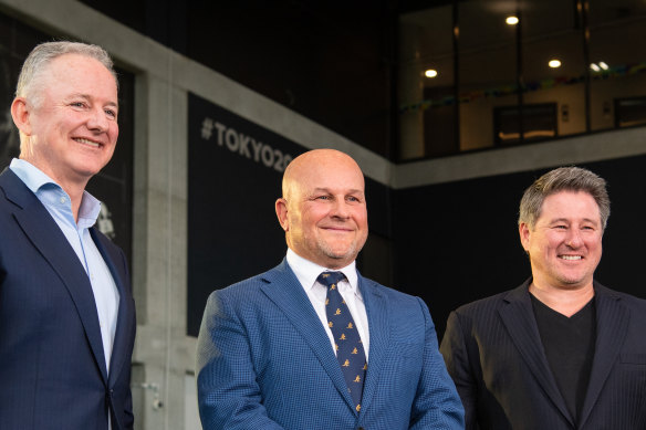 Outgoing Nine boss Hugh Marks, interim Rugby Australia CEO Rob Clarke and Stan chief Mike Sneesby announcing rugby’s new broadcast deal last year.