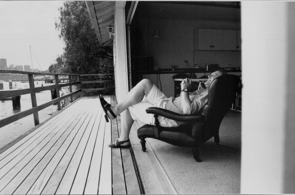 Frank Moorhouse at his boat house in Balmain, 1994.
