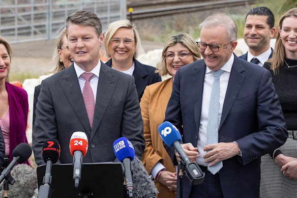 Premier Ben Carroll and Prime Minister Anthony Albanese spruiking the “second stage” of the airport rail project in September.