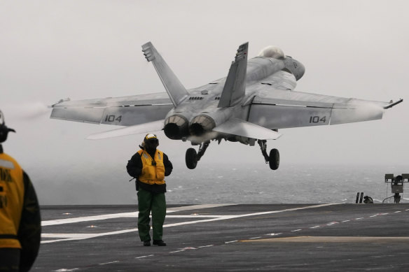 An F/A-18 E is launched from the deck of the aircraft carrier USS Gerald R. Ford.