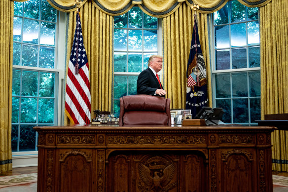 Stymied: President Donald Trump prepares to leave the Oval Office after a presentation at the White House late last week.
