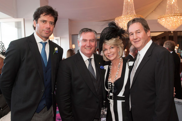 Jeff Browne (right), pictured with AFL CEO Gillon McLachlan, Collingwood president Eddie McGuire and Browne's wife Rhonda Wyllie during the spring racing carnival in Melbourne in 2015.