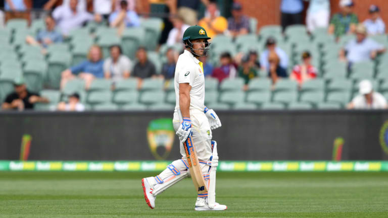 Aaron Finch walks off the Adelaide Oval, which is a day-only Test this year.