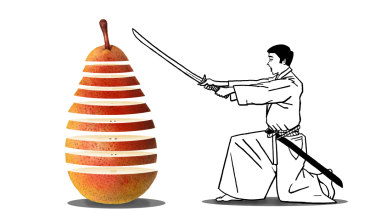 Slicing a piece of fruit is treated with the respect that every type of work deserves. Illustration by Simon Letch