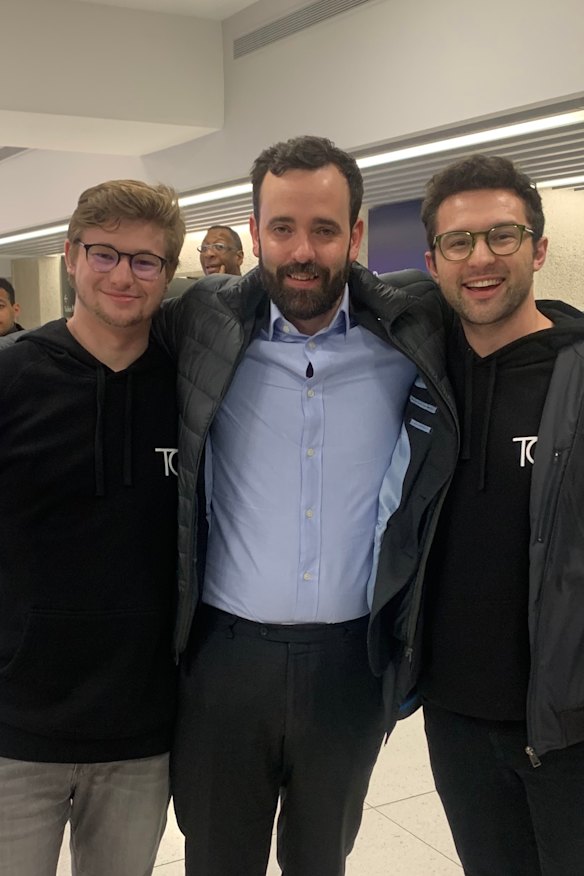 TG co-founder Ben Guerin, 24, Conservative campaign director Isaac Levido, 35, and TG co-founder Sean Topham, 28, celebrate at Boris Johnson's victory rally.