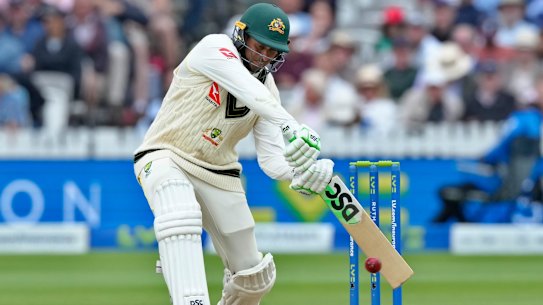 Australia’s Usman Khawaja hits a boundary during the third day of the second Ashes Test match between England and Australia, at Lord’s cricket ground in London, Friday, June 30, 2023. (AP Photo/Kirsty Wigglesworth)