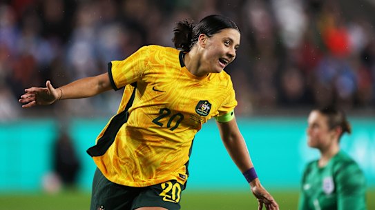 Sam Kerr celebrates after scoring for the Matildas.