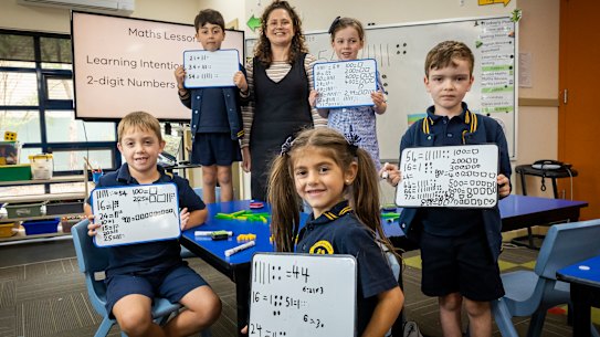 Teacher Lidia Cummins with grade 1 students at Bentleigh West Primary, where maths is taught in an explicit, systematic way. The school’s NAPLAN results are among the best in the state.