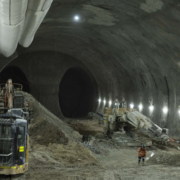 The giant cavern for the Hunter Street metro station is being carved out beneath the northern end of Sydney’s CBD.
