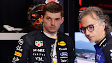 Max Verstappen with Red Bull team principal Laurent Mekies.