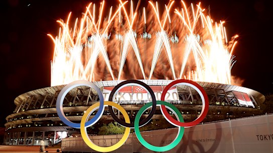 Fireworks go off during the opening ceremony of the Tokyo 2020 Olympic Games. 