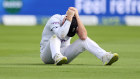 Ben Stokes reacts after dropping a catch off Nathan Lyon.