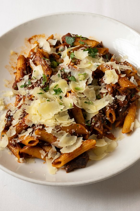 Penne with beef ragu and shaved parmesan.
