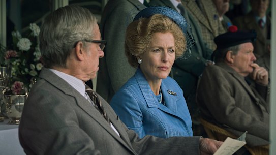 The Crown S4. Picture shows: Denis Thatcher (STEPHEN BOXER) and Margaret Thatcher (GILLIAN ANDERSON). Filming Location: Rothiemurchus, Scotland Gillian Anderson plays Margaret Thatcher in season 4 of The Crown.