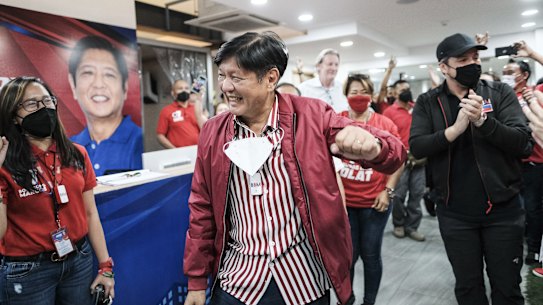Ferdinand “BongBong” Marcos jnr arrives at his campaign headquarters in Manila late on Monday night.