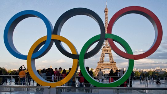 The Olympic rings at Trocadero plaza that overlooks the Eiffel Tower after Paris clinched the event.