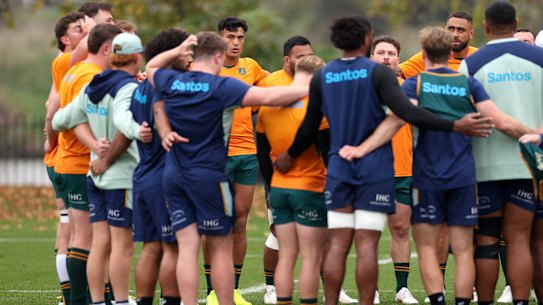 TEDDINGTON, ENGLAND - NOVEMBER 08: Joseph-Aukuso Sua’ali’i of Australia looks on as the team huddle together during a training session at The Lensbury on November 08, 2024 in Teddington, England. (Photo by Warren Little/Getty Images)