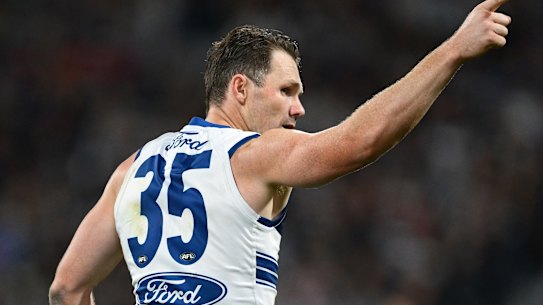 Patrick Dangerfield of the Cats celebrates kicking a goal.
